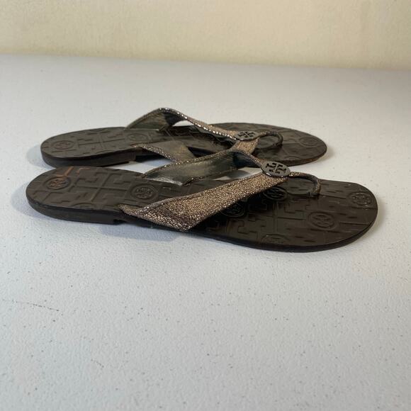 Tory Burch Women's Size 7 Thora Sandals Flip Flop Thongs Metallic Pewter Leather - Picture 5 of 12